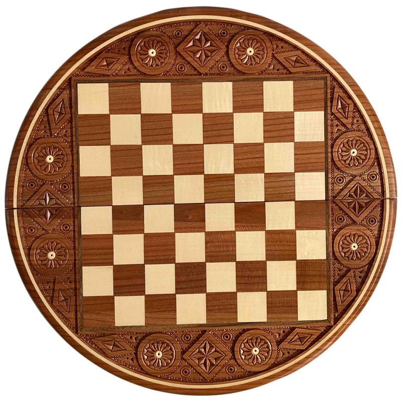 Geschnitztes Schachbrett rund mit Figuren, Nr. 100 aus Holz, Schachspiel 35x35 cm