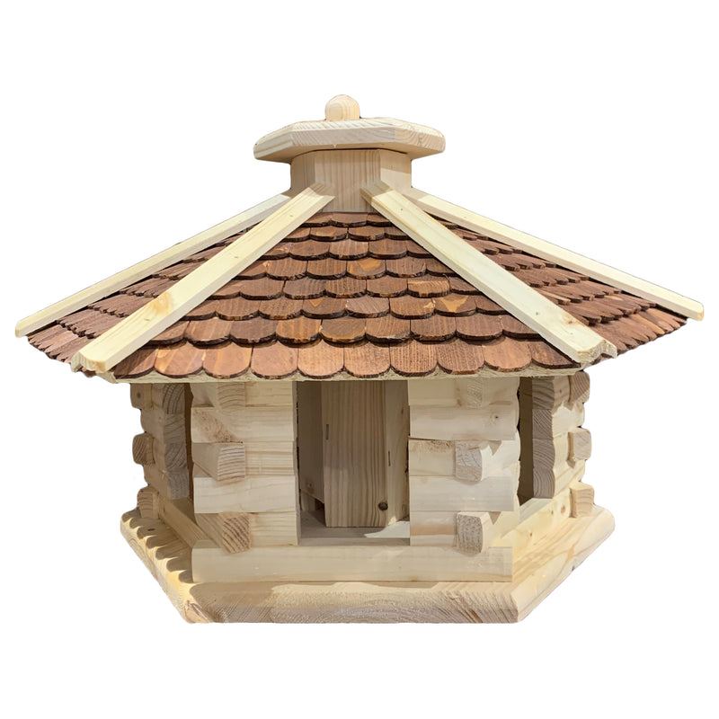 Vogelhaus "Vogelvilla" groß mit braunem Dach und Futterdosierer aus Holz