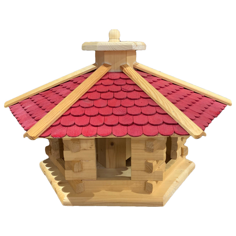 Vogelhaus "Vogelvilla" groß mit rotem Dach und Futterdosierer aus Holz