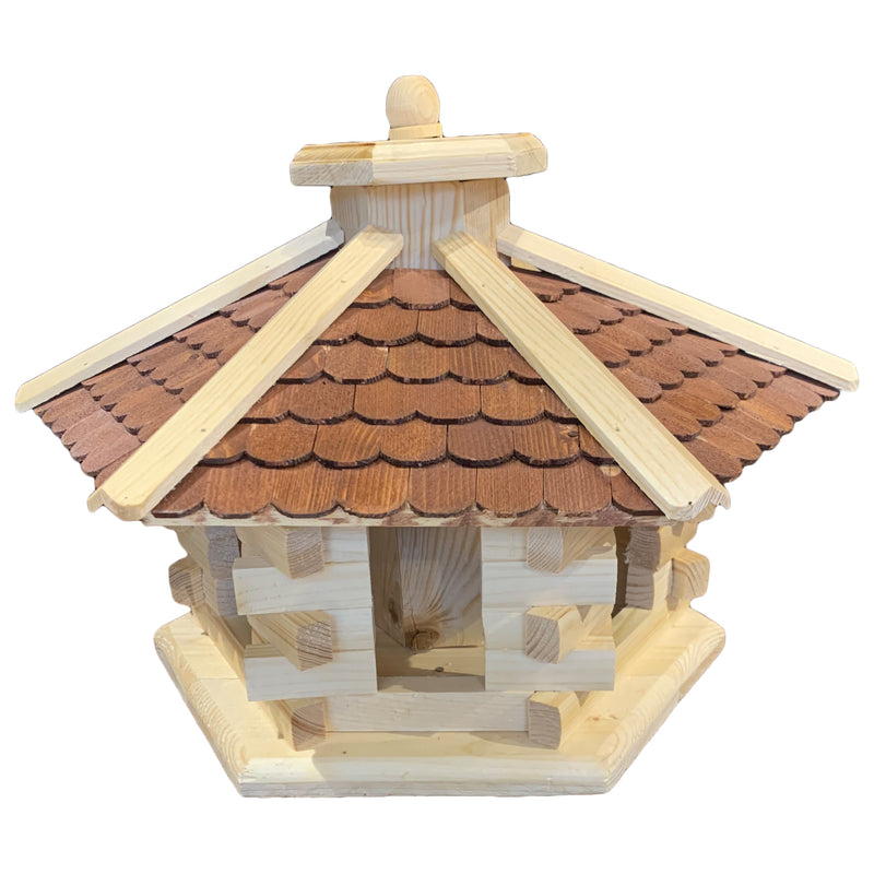 Vogelhaus "Vogelvilla" klein mit braunem Dach und Futterdosierer aus Holz