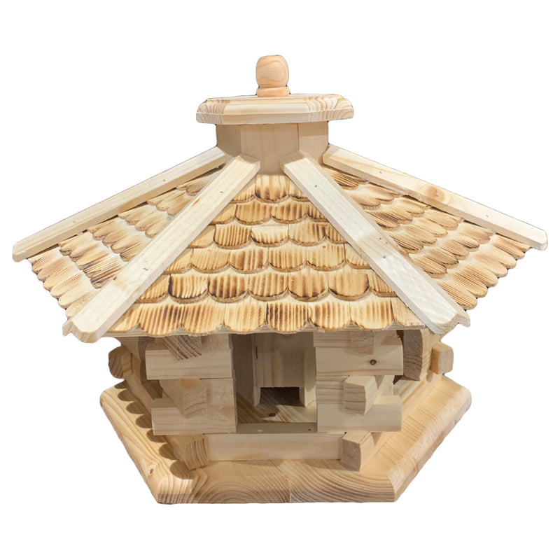 Vogelhaus "Vogelvilla" klein mit geflammtem Dach und Futterdosierer aus Holz