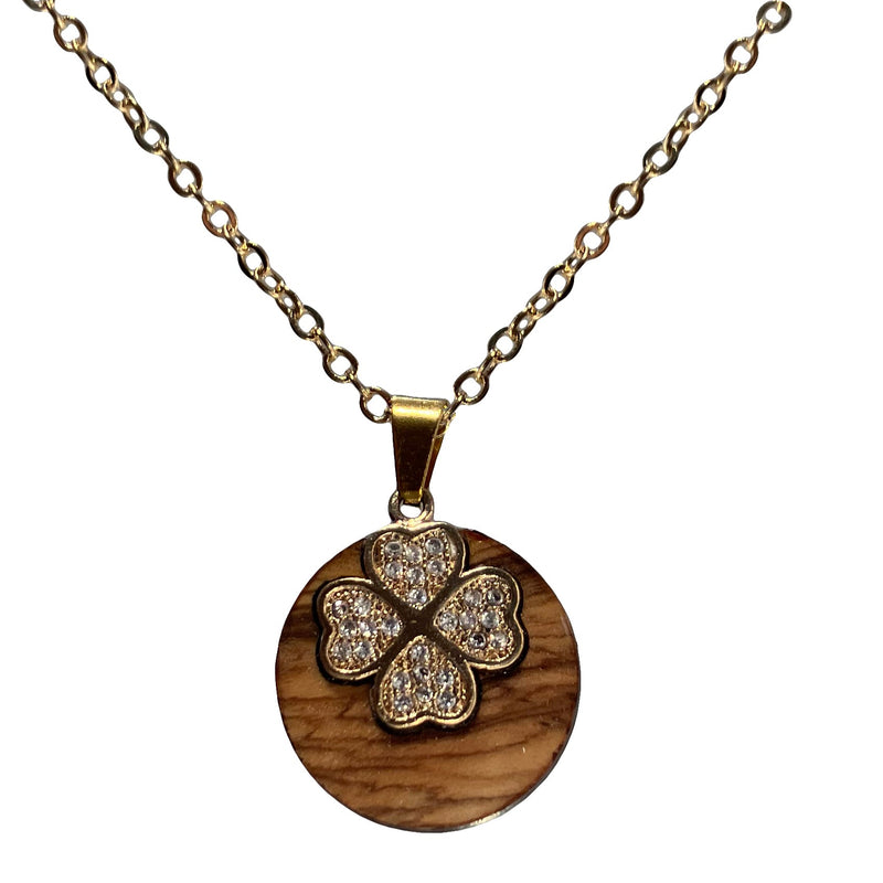 Halskette aus Olivenholz "Kleeblatt gold" Nr. 052.404