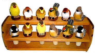 Handgeschnitzte Flaschenkorken mit gemischten Vögeln aus Holz im 12er Set bemalt Nr. 041.047