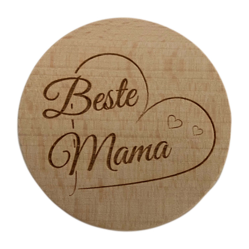 Glasdeckel mit Gravur "Beste Mama" aus Holz, D=9,8cm, Buche natur Nr. 031.016