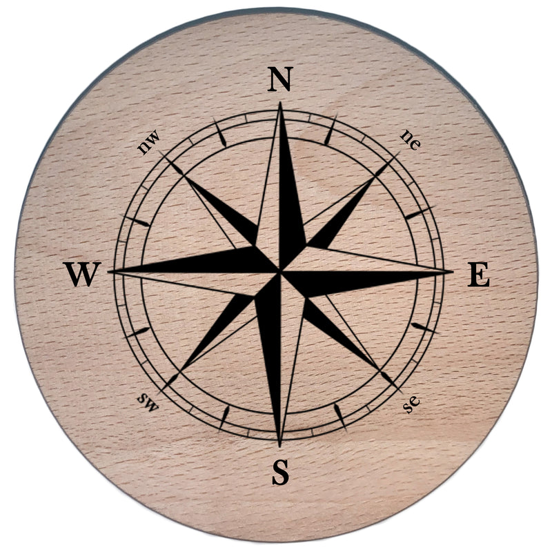 Glasdeckel mit Gravur "Kompass" aus Holz, D=9,8cm, Buche natur Nr. 031.023