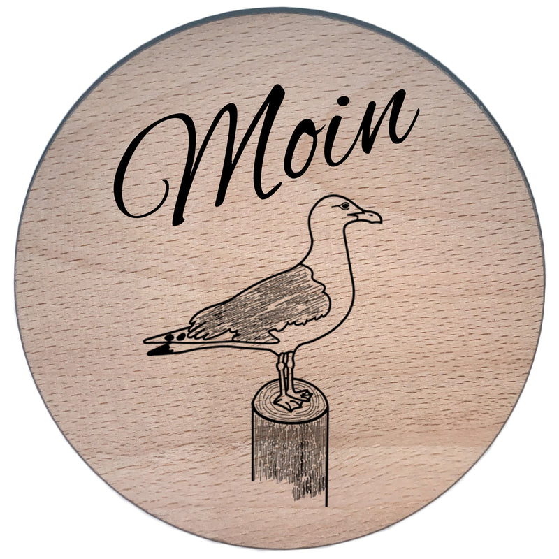 Glasdeckel mit Gravur "Moin" aus Holz, D=9,8cm, Buche natur Nr. 031.031