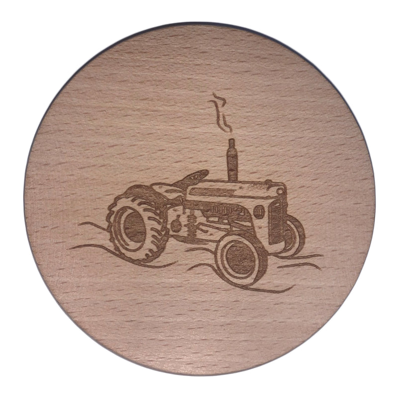Glasuntersetzer mit Gravur "Traktor" aus Holz, D=9cm, Buche natur Nr. 020.055