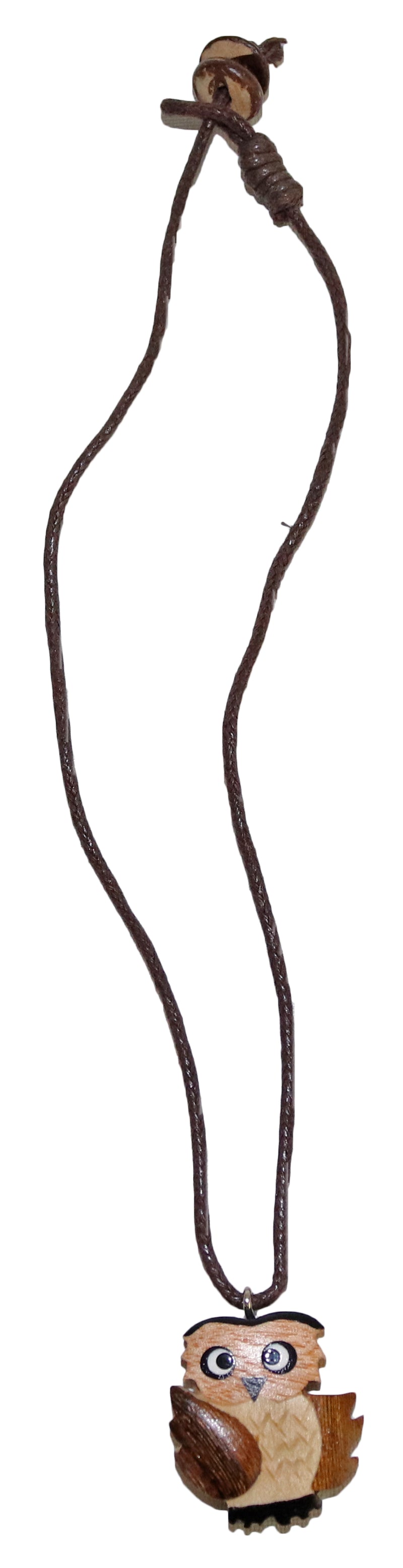 Halsketten Eulen aus Holz im 4er Set, Band ca. 40 cm braun