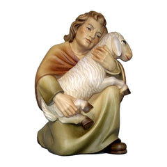 Hirt kniend mit Schaf auf Knie aus Ahornholz, Krippenfiguren 