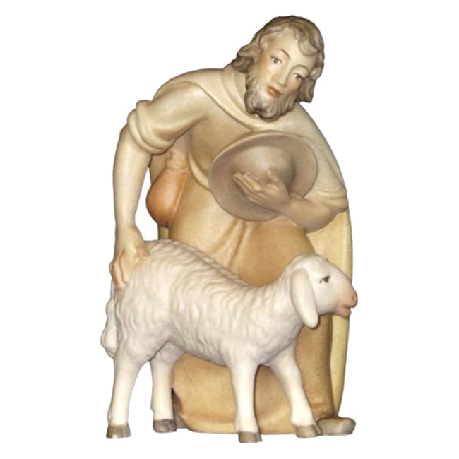 Hirt gebeugt mit Hut und Schaf aus Ahornholz, Krippenfiguren "Mirja"