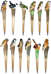 Handgeschnitzte Kugelschreiber mit Vögel gemischt aus Holz im 12er Set ca. 20 cm bemalt Nr. 041.045