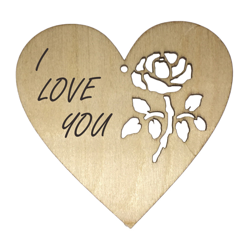 Valentinstagsherz aus Holz mit durchstochener Rose und Aufschrift 9,5x9x0,3 cm