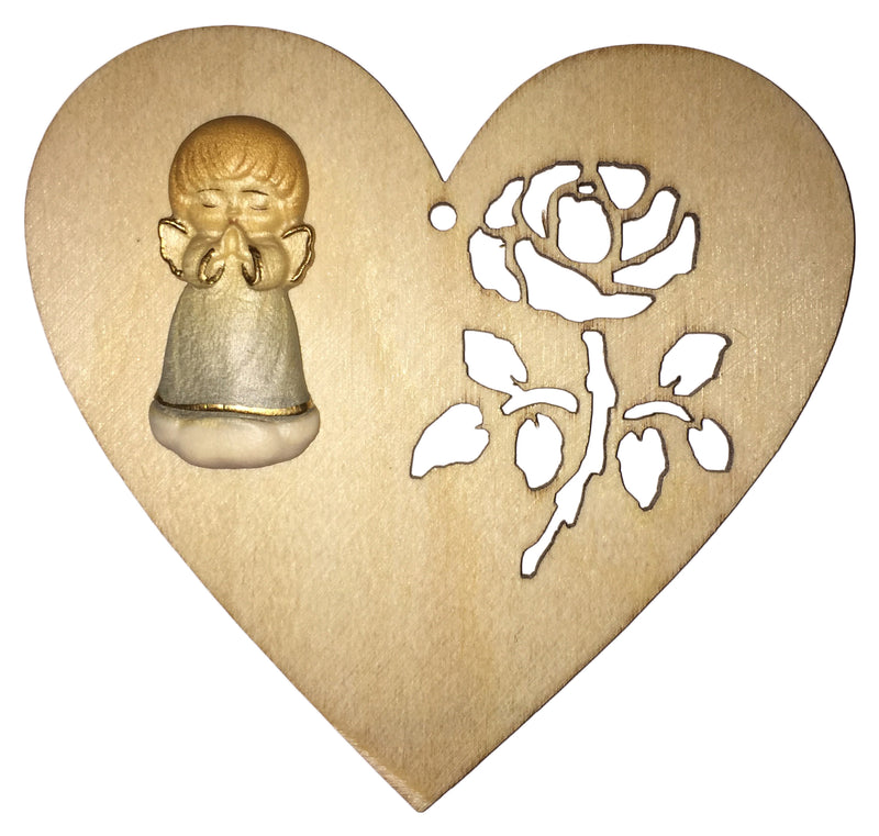 Valentinstagsherz 9,5x9x0,3 cm aus Holz mit durchstochener Rose und geschnitztem Engel