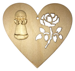 Valentinstagsherz 9,5x9x0,3 cm aus Holz mit durchstochener Rose und geschnitztem Engel