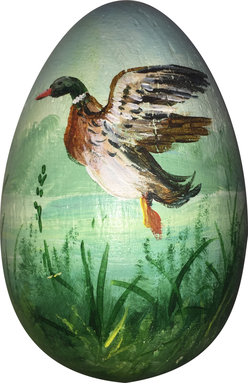 Handbemaltes Osterei mit fliegender-Ente-Motiv aus Holz, 8,5 cm