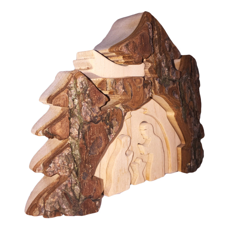 Rindenkrippe "Betlehem" mit Komet aus Holz 14x11 cm