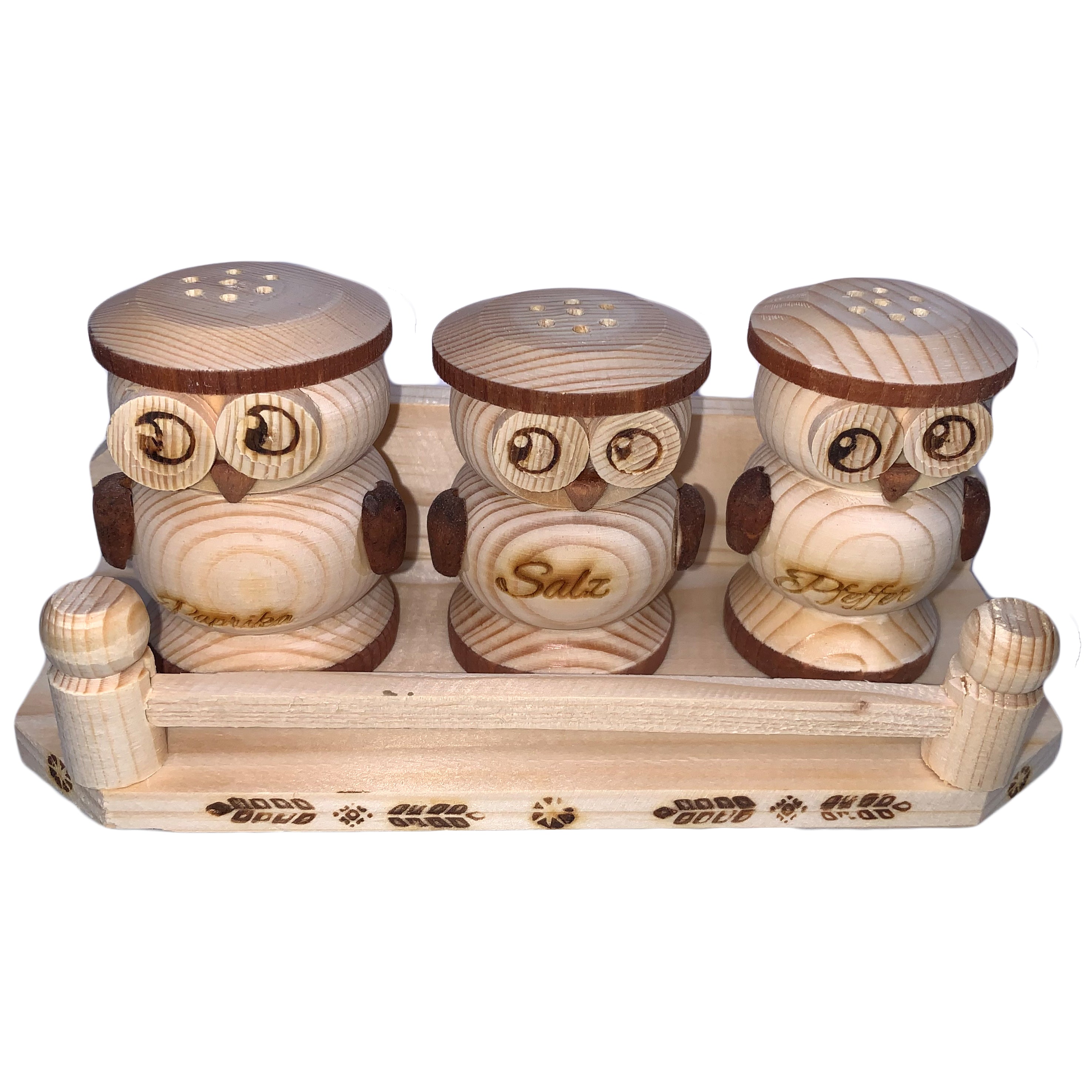 4er Set Salzstreuer mit Eulenmotiv aus Holz und Gravur Nr. 009.125