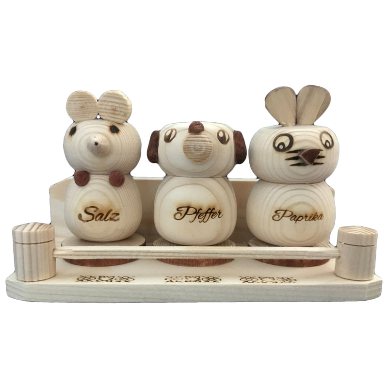 4er Set Salzstreuer mit Hasen-, Maus-, und Hundemotiv aus Holz mit Gravur Nr. 009.130