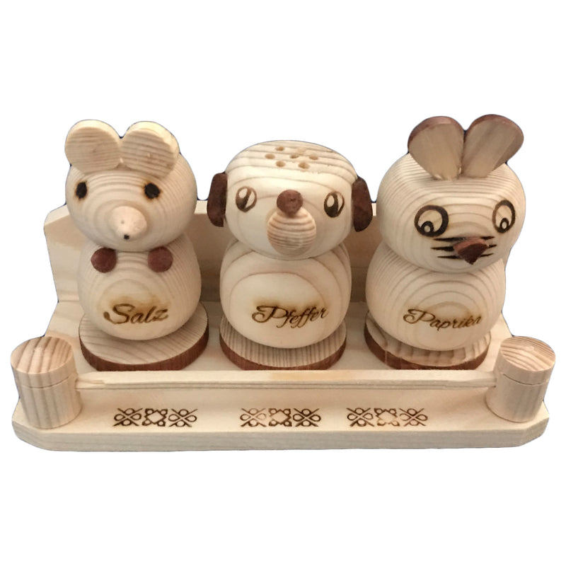 4er Set Salzstreuer mit Hasen-, Maus-, und Hundemotiv aus Holz mit Gravur Nr. 009.130