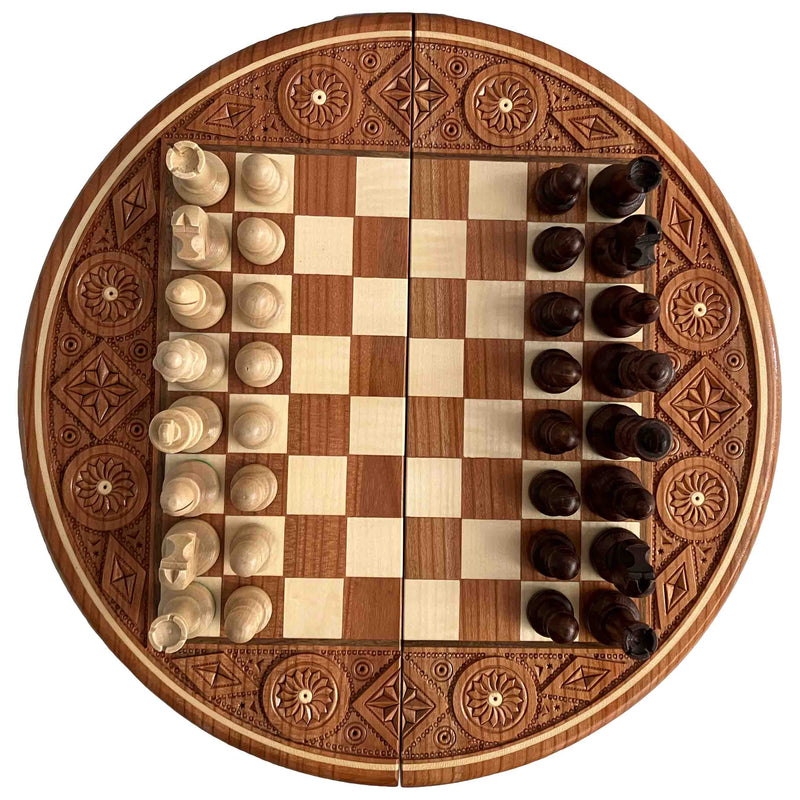 Geschnitztes Schachbrett rund mit Figuren, Nr. 100 aus Holz, Schachspiel 35x35 cm