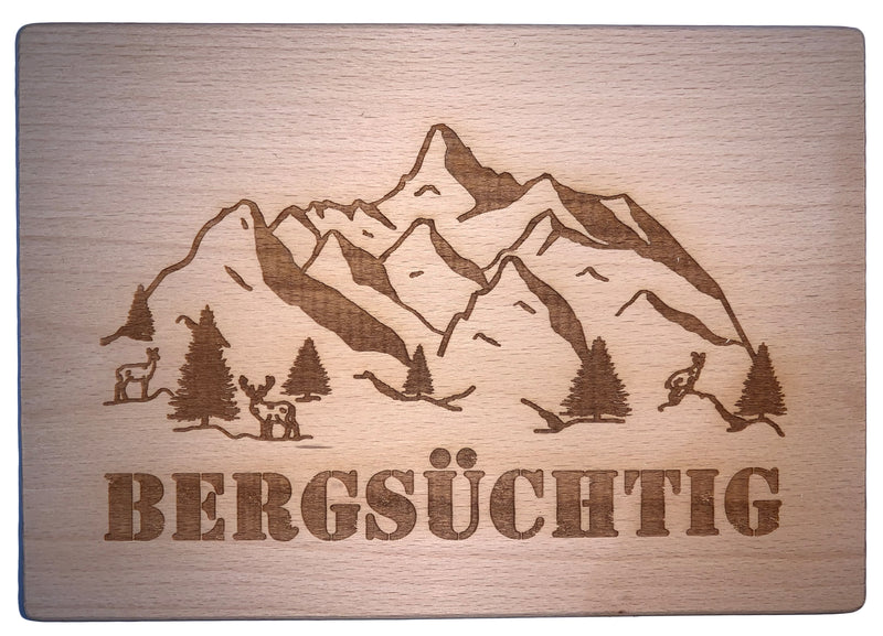 Schneidbrett mit Gravur "Bergsüchtig" aus Buchenholz, 22x15,5x1 cm