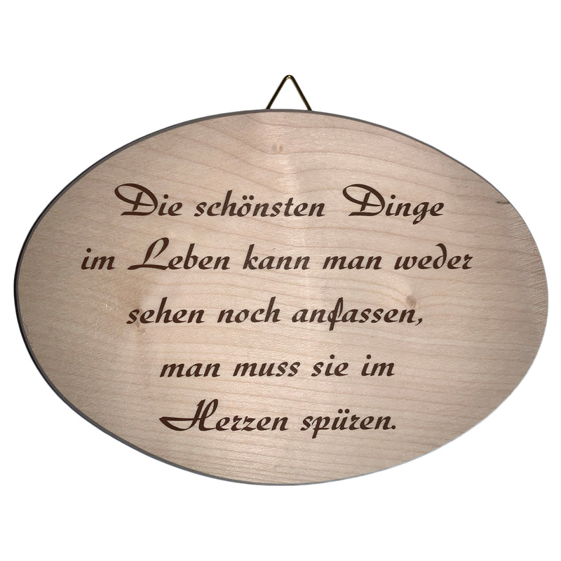 Spruchbrett oval "Die schönsten Dinge im Leben..." aus Ahornholz, 12x18 cm