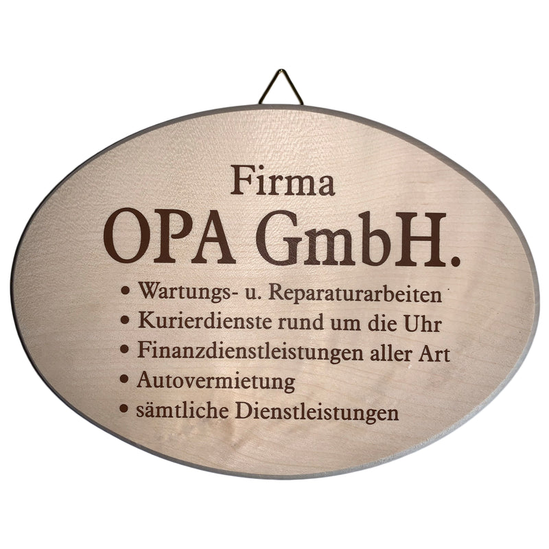 Lustiges Spruchbrett oval "Firma Opa GmbH..." aus Ahornholz, 12x18 cm