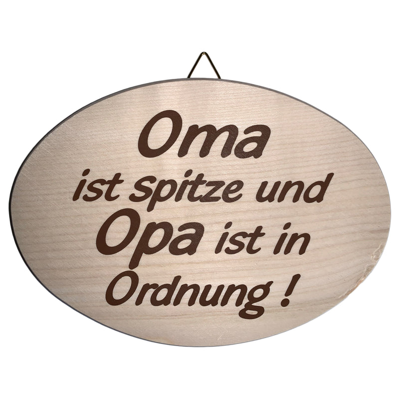 Lustiges Spruchbrett oval "Oma ist spitze und..." aus Ahornholz, 12x18 cm