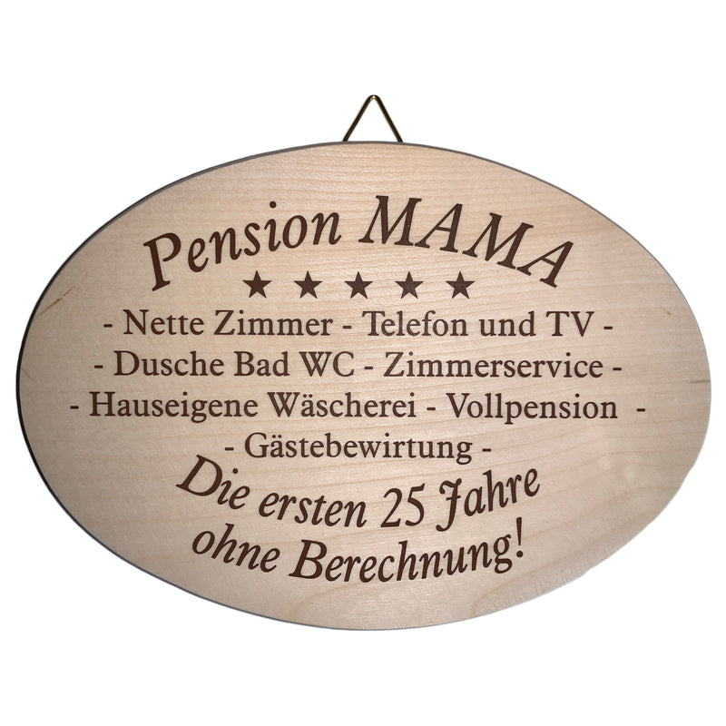 Lustiges Spruchbrett oval "Pension Mama..." aus Ahornholz, 12x18 cm