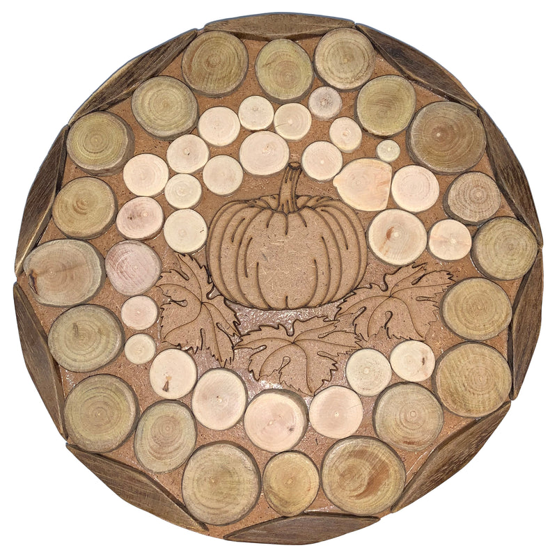 Topfuntersetzer rund aus Holz, gemischte Hölzer, mit Kürbismotiv 009.150