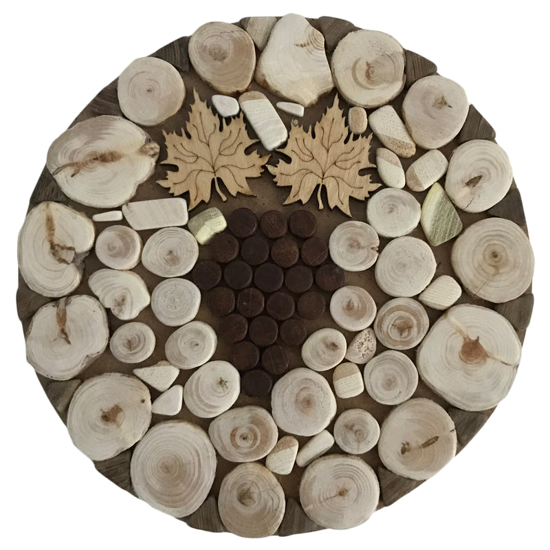 Topfuntersetzer rund aus Holz, gemischte Hölzer, mit Trauben/Ahornblatt 009.148