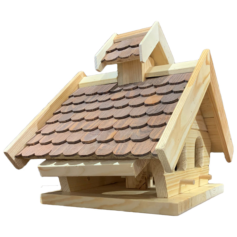Vogelhaus "rechteckig" mit braunem Dach und Futterdosierer aus Holz
