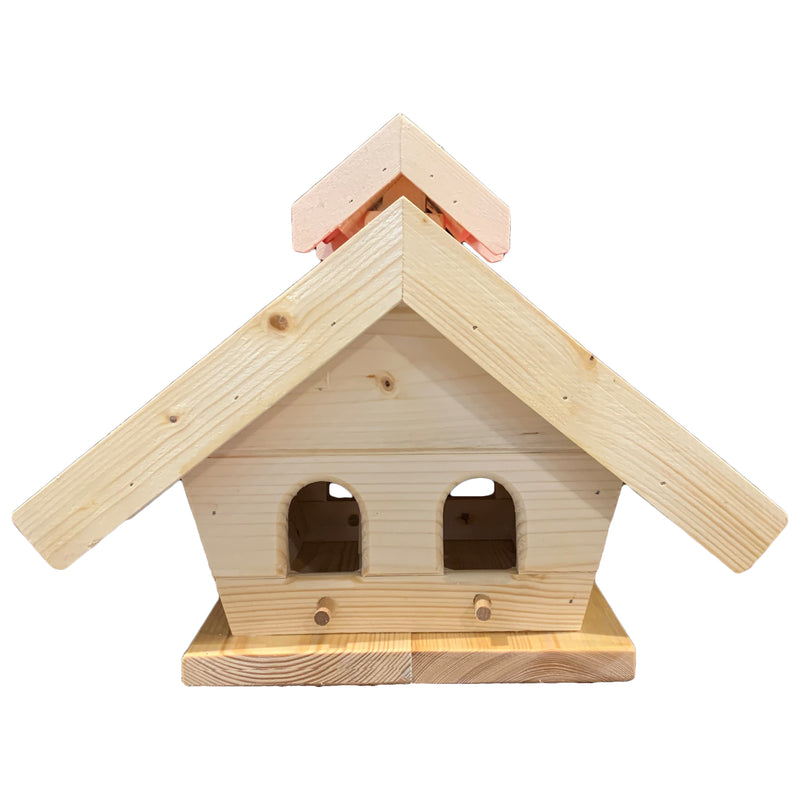 Vogelhaus "rechteckig" mit rotem Dach und Futterdosierer aus Holz