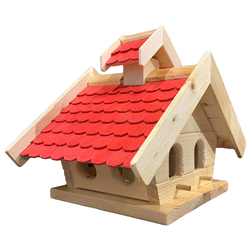 Vogelhaus "rechteckig" mit rotem Dach und Futterdosierer aus Holz