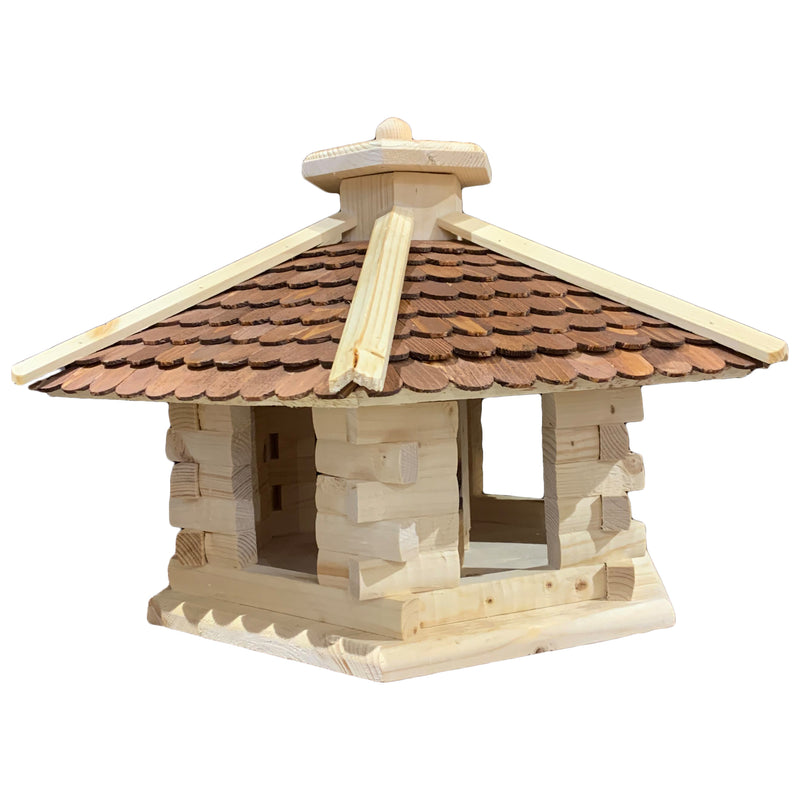 Vogelhaus "Vogelvilla" groß mit braunem Dach und Futterdosierer aus Holz