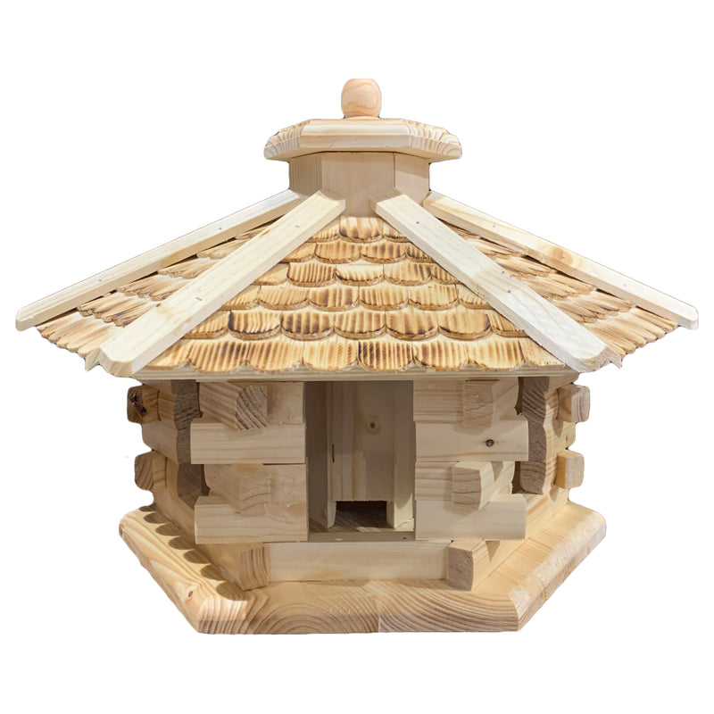 Vogelhaus "Vogelvilla" klein mit geflammtem Dach und Futterdosierer aus Holz